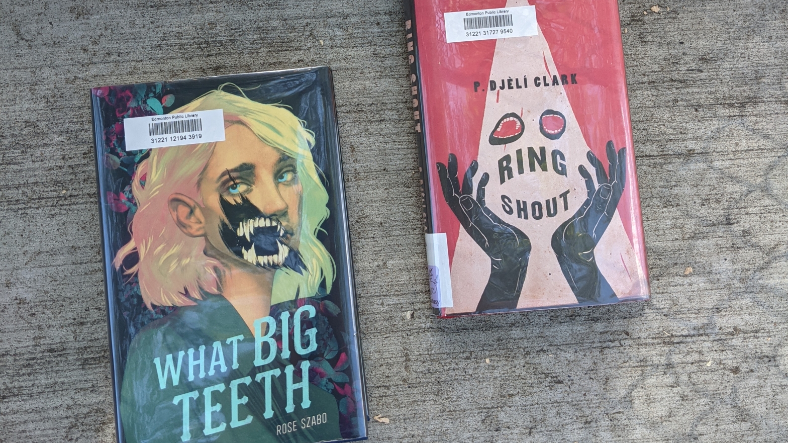 flat lay of two books: What Big Teeth and Ring Shout