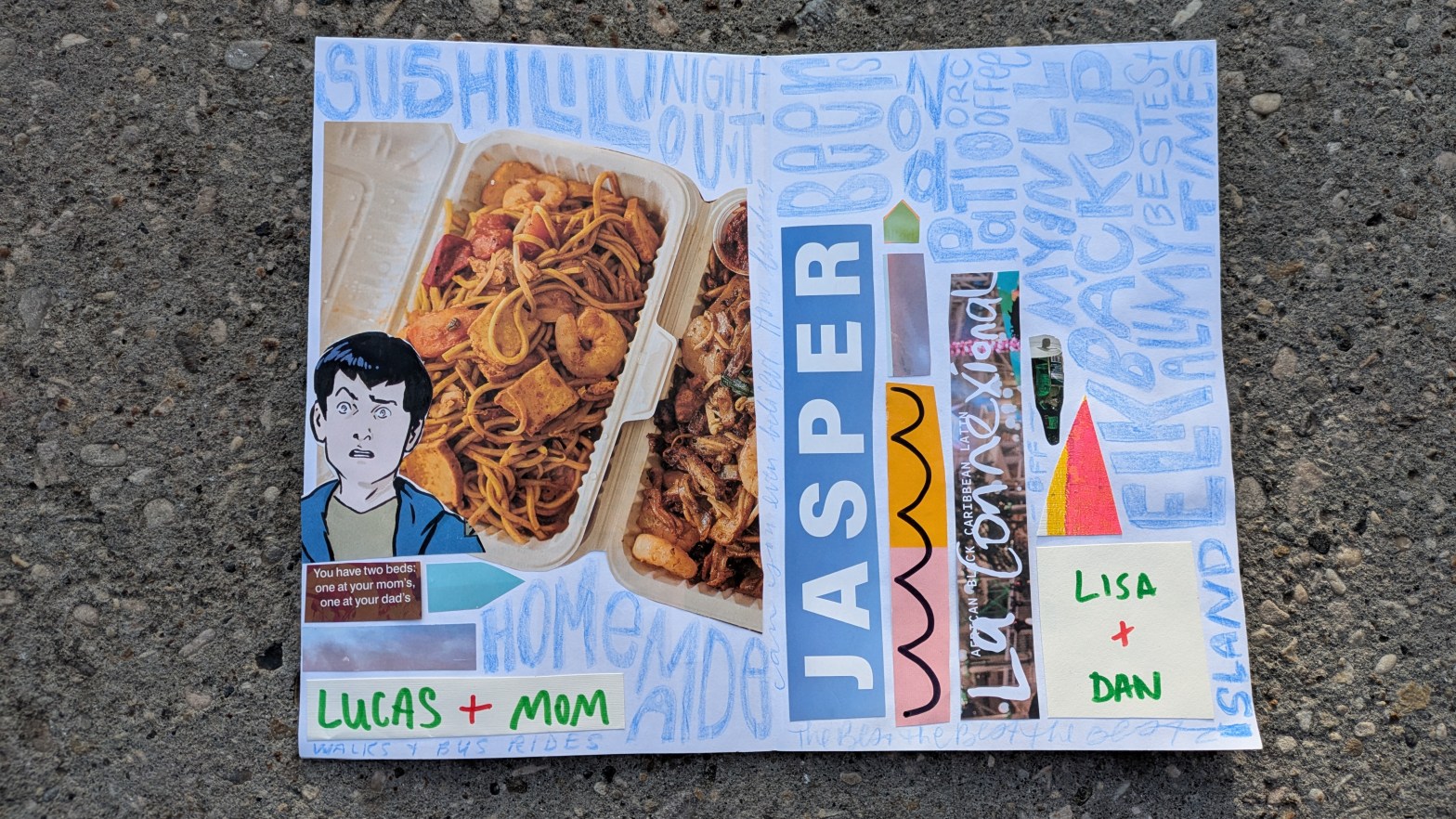 interior page of a zine with magazine collage elements and words doodled all over in blue pencil crayon